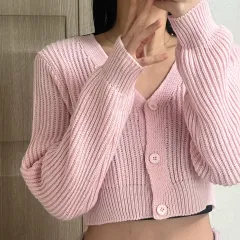 ピンク クロップド ニット カーディガン