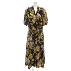 ピンクハウス PINK HOUSE 美品 ワンピース 黒 ブラック 花柄 開襟襟 ウエスト切り替え ロング丈 半袖 /SJ ■GY61