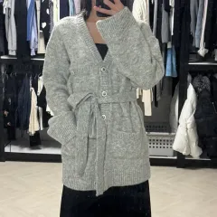 ぼかし Vネック パール ニット カーディガン グレー