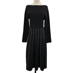 セルフォード CELFORD ワンピース フレア ロング ストライプ 長袖 38 黒 白 ブラック ホワイト