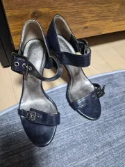 ネイビー トーン ヒール サンダル バックル ストラップ シューズ