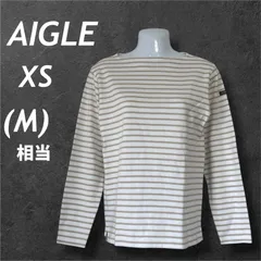 AIGLE エーグル レディース 長袖カットソー XS  (M相当) 長袖Tシャツ 8502-31208 ボーダー アウトドア ホワイト×ベージュ系 (A047)★