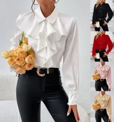 ブラウス 即購入OK レディース 長袖 フリル ボトルネック シフォン 無地 シャツ トップス 春 夏 秋 冬 きれいめ 大人 シンプ フォーマル きれいめ ビジネス お洒落 ゆったり 体型カバー min#