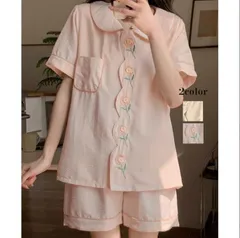 ルームウェア レディース パジャマ 花付き 寝巻 半袖 ショートパンツ 2点セット 前開き 大きいサイズ  ナイトウェア セットアップ トップス パンツ シンプル フェミニン エレガント 可愛い お洒落 薄手 胸 ゆったり部屋着 min#