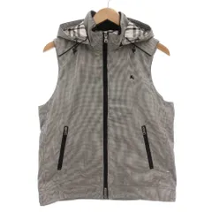 バーバリーブラックレーベル BURBERRY BLACK LABEL ジップベスト ジャケット フード付 裏地メッシュ 千鳥格子柄 ホース刺繍 L 黒 ブラック 白 ホワイト /GV ■GY19