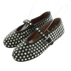 アライア ALAIA BALLERINA STRAP バレエシューズ メリージェーン ラインストーン 37 24.0cm 黒 シルバーカラー /MI ■OS