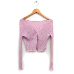 ロイヤルパーティー ROYAL PARTY ショート カーディガン ニット 透け感 リブ ハイゲージ 長袖 F ピンク /NT29