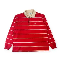 Crocodile クロコダイル ボーダー 天竺 長袖 ポロシャツ ラガーシャツ L/レッド系 メンズ 襟コーデュロイ切替