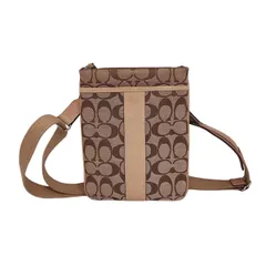 COACH(コーチ) ショルダーバッグ シグネチャー柄 カーキ×ライトブラウン ストラップ着脱可/ミニバッグ/マチなし レザー