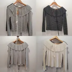 (4個 セット) フリルネック ストライプ ニット