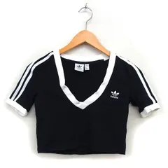アディダス adidas 国内正規品 Vネック ショート カットソー Tシャツ ロゴ刺繍 スリーストライプス 半袖 M 黒 ブラック /NT16