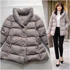 DoCLASSE ダウンジャケット レディース11 L モカ系 ビッグカラー くるみボタン  寒空の下で微笑む女優襟