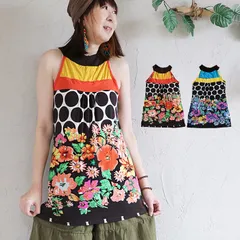 エスニック チュニック ホルターネック ハイネック カットソー ミニワンピース ノースリーブ タンクトップ キャミソール 花柄 フラワー ドット 水玉 ファッション レディース アジアン レトロ リゾート インナー ギャザー ミディアム ボヘミアン ボタン