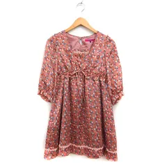 ドーリーガールバイアナスイ DOLLY GIRL by ANNA SUI 花柄 猫プリント ワンピース 7分袖 ひざ丈 レース フレア サテン 1 ピンク /FT27