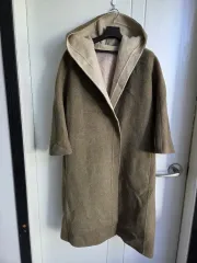ウール100％ フード ロング コート カーキ色