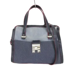 トミーヒルフィガー TOMMY HILFIGER ハンドバッグ ショルダー 2WAY デニム ボーダー キャンバス レザー青 ブルー ■FF