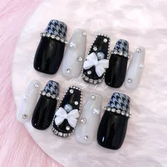 No.113オーダー♡量産型ワンホン韓国フレンチガーリーリボンスナ系ネイルチップ