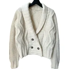 ウール100% 日本 ヴィンテージ ニット カーディガン アラン ケーブル編み フィッシャーマン レディース 55