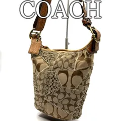 COACH コーチ Y2K パッチワーク シグネチャー バケツ型 ショルダーバッグ キャンバス レザー切替 ブラウン系 ワンショルダー ヴィンテージ調 カジュアル 小ぶり 軽量