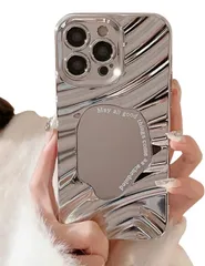 ★ZTOFERA iPhone 16 Pro Max ケース用、可愛いかわいいミラー鏡波水波紋模様メイクおしゃれ女子女性、で柔らかいTPUバンパースマホケースiPhone 16 Pro Max用、銀