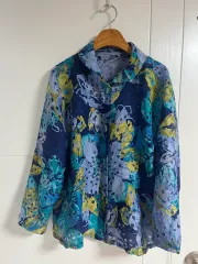 (日本ヴィンテージ)花ブルーブラウス シャツ 長袖 シースルー