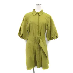 ザラ ZARA シャツ ワンピース 膝丈 ベルト ボリュームスリーブ 半袖 コットン S グリーン 緑 /KT1