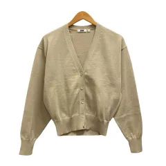 ユニクロ UNIQLO カーディガン 長袖 Vネック 無地 コットン混 251-467068 S ベージュ