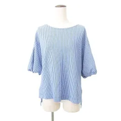 グリーンレーベルリラクシング ユナイテッドアローズ green label relaxing 美品 ストライプ パフスリーブ カットソー ブラウス 半袖 日本製 ワンサイズ 青 ブルー ■YHS7