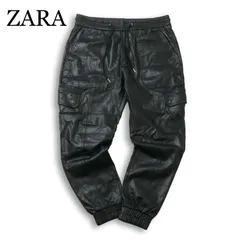 ZARA ザラ マン 現行タグ★ 秋冬 裏起毛 フェイク レザー カーゴ イージー ジョガー パンツ Sz.32 メンズ 黒