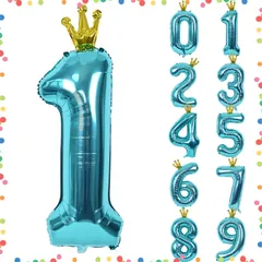【在庫処分】誕生日 40インチ 大きい ナンバー1 風船 王冠付き クラウン バースデー 数字 飾り付け パーティー 記念日 バルーン 結婚式 男の子 女の子 Lausatek 約100cm 青緑 ブルー