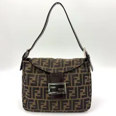 FENDI ズッカ ハンドバッグ レザー×ナイロンキャンバス ブラウン ショルダーバッグ シルバー