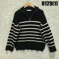 ザラ ブラック 白 ストライプ ジップアップニット m