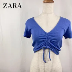 ZARA　ザラ　M　ブルー　青　Vネック　シャーリング　y2k　ショート丈　リボン　クロップド丈　半袖カットソー 3754