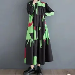 【新品】個性大きいサイズ　レディースゆったりロングワンピース　体型カバーAライン長袖秋冬黒緑赤