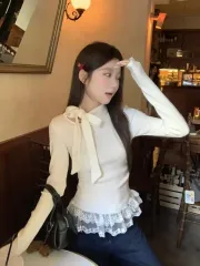 長袖ネックリボン結びニットレースTシャツ出品 (新品)