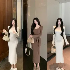 長袖ニット ウエスト リボン結び ロング ワンピース 出品 (2 color)(新品)