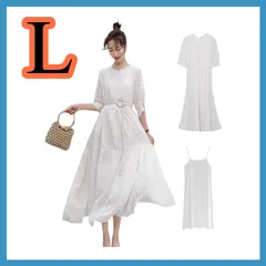 [Collecala] 白ワンピース レディース 夏 半袖マタ二ティオーバーサイズキャミわんぴーすセットアップ オフホワイト ふんわり ミモレロング サマ白ワンピース ロングキャミ+セミONEPIECE+紐ベルト３点セット L