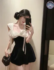 新品 未使用 レディース ウェディングドレス フォーマルドレス パーティードレス 大人気  フレアミニワンピース ワンポイント リボン　パーティー　バイカラー