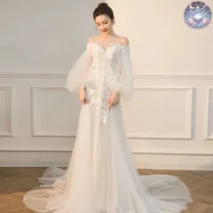 新品 未使用 レディース ウェディングドレス フォーマルドレス パーティードレス ウェディングドレス　ガーデンウェディング　前撮り　ボリュームスリーブ刺繍