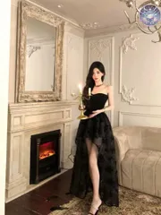 新品 未使用 レディース ウェディングドレス フォーマルドレス パーティードレス クールでセクシー ブラックロングドレス 花柄チュールパーティー用