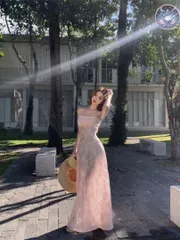 新品 未使用 レディース ウェディングドレス フォーマルドレス パーティードレス リゾート映え ピンク花柄ロングワンピース 春夏用