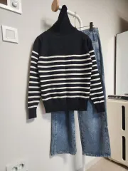 ブラック ホワイト ストライプ タートルネック ニット