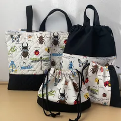 入園入学5点セット　りんりんのハンドメイド　レッスンバッグ　上履き入れ　お着替え袋　コップ袋　お弁当袋　キルティング　昆虫
