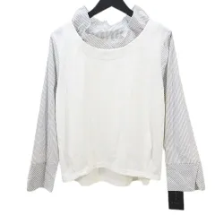 ラ・イマージュ laIMAGE 長袖 カットソー F 白系 ホワイト ストライプ フリル衿 ストレッチ タグ付き