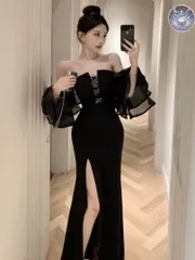 新品 未使用 レディース ウェディングドレス フォーマルドレス パーティードレス キャバドレス　パーティードレス　大胆なスリット！フリルショルダーのロングドレス！