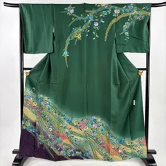 訪問着 身丈166cm 裄丈67cm M 袷 落款 辻が花柄 金彩 ぼかし 緑 正絹 名品 【中古】