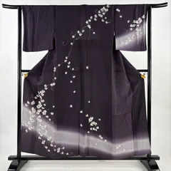 訪問着 身丈157cm 裄丈64cm M 単衣 葡萄 銀通し ぼかし 濃紫 正絹 秀品 【中古】