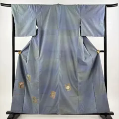 付下げ 身丈159cm 裄丈66.5cm M 袷 紬地 色紙 菊 金彩 ぼかし 青灰色 正絹 秀品 【中古】