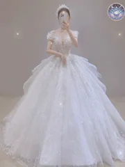 新品 未使用 レディース ウェディングドレス フォーマルドレス パーティードレス ウェディングドレス　キラキラストーン＆パール　ボリュームロングトレーン