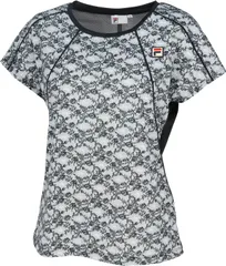 フィラ FILA テニス ゲームシャツ レディース ウィメンズ 女性 大人 半袖 Tシャツ トップス ウェア ロゴ 吸水速乾 UVカット ストレッチ アンティーク レースプリント 華やか  EL0062 08Z ブラック